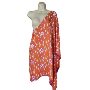 Mud Pie One Shoulder Large XL Pom Pom Beach Cover Up Orange Pink Ikat Print NWT